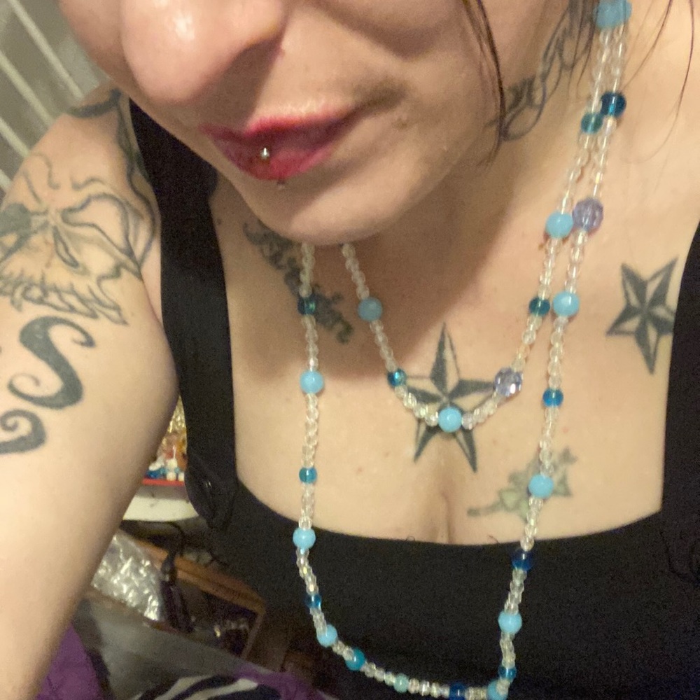 56” beaded necklace handcrafted baby blue/aquamarine glass beads